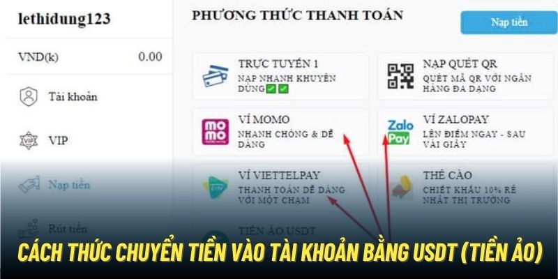 Cách thức chuyển tiền vào tài khoản bằng USDT (tiền ảo)